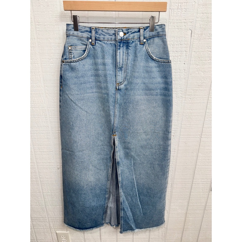 Pilcro Denim Maxi Skirt Women Light Wash High Rise Front Slit Frayed Hem 4